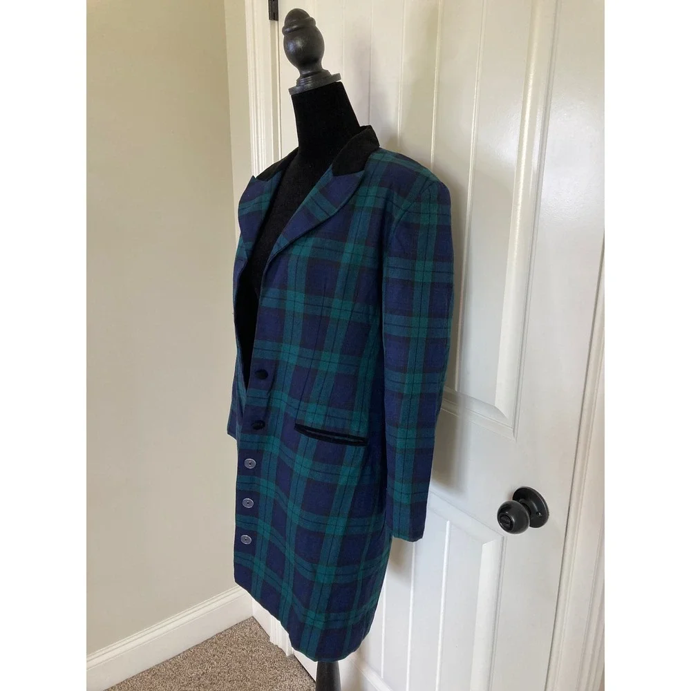 Stephanie Andrews Black Watch Plaid Longline Blazer Coat Velvet Collar 6 Petite